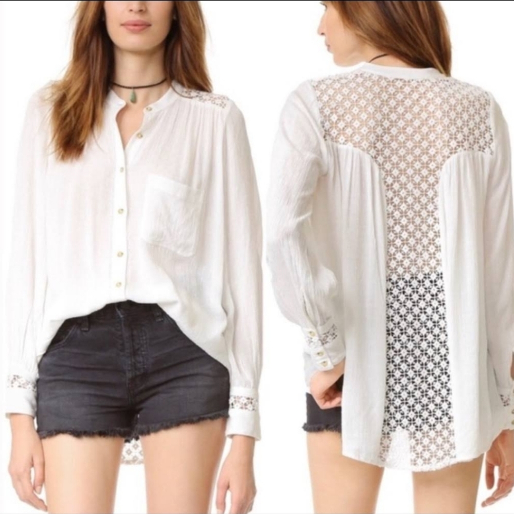 Free People White Lace Detail Blouse